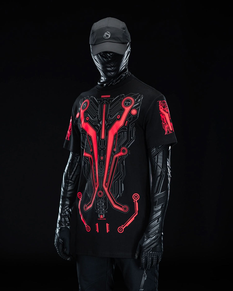 T-Shirt Cyberpunk Années 80 - Matrix Meltdown Neon Code Red - Graphique Rétro-futuriste