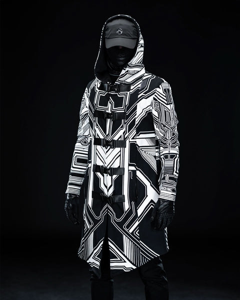 2WAY MESH EFFECT CYBER ZIP OUTER【WHITE】 WHITE ON BLACK ZYPHR 2 FUTURISTIC TECHWEAR MANTLE